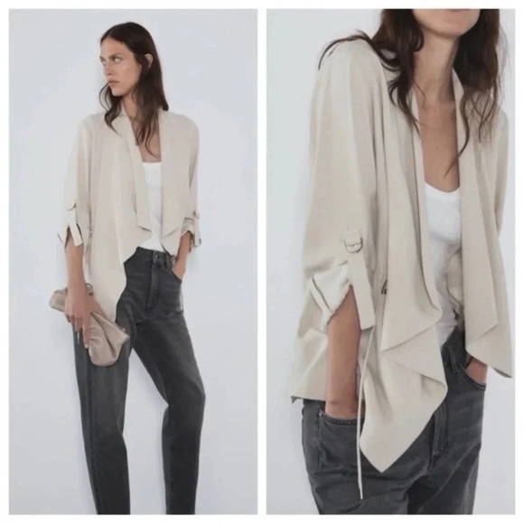 Zara Open Front Drawstring Waterfall Blazer Jacket in Beige size XS - Picture 1 of 16